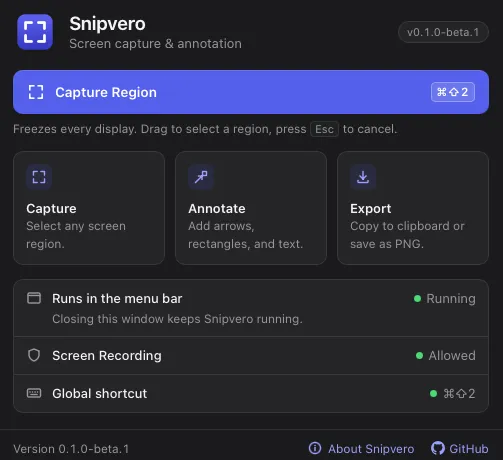 Snipvero app showing capture controls, menu bar status and permissions